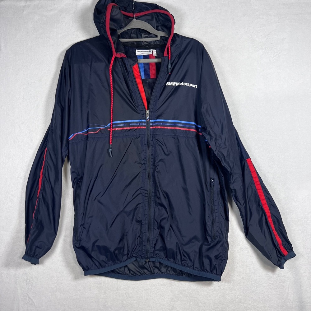 BMW Motorsport Mens Navy Blue Windbreaker Jacket M Packable Stripe Medium